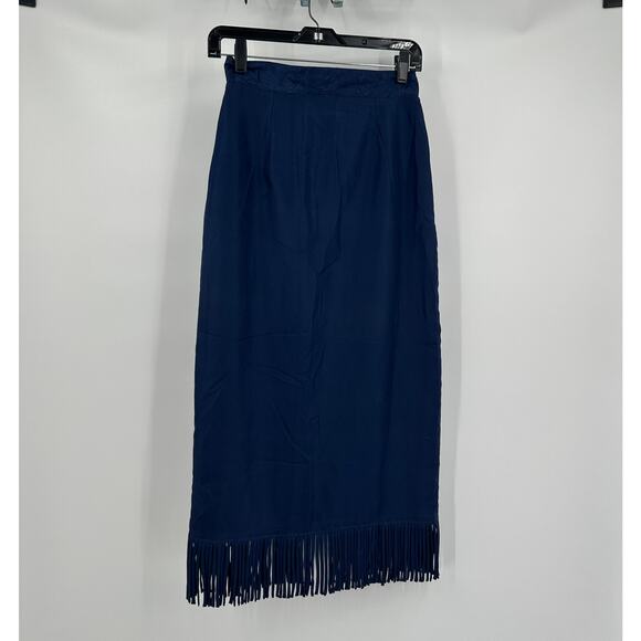 Margos Womens Silk Midi Skirt 7/8 Fringe Boho Festival Western Blue - Picture 1 of 8